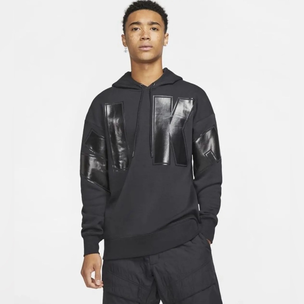 Nike Black Fleece Pullover Hoodie large Black Shiny NIKE Letters